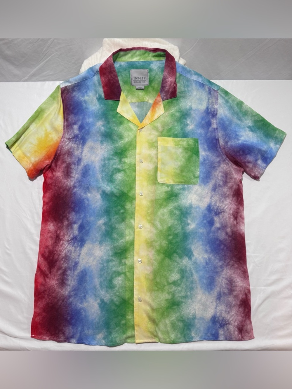 Trinity Collective Tie Dye Rainbow Shirt Short Sleeve Button Up Mens Sz L Rayon